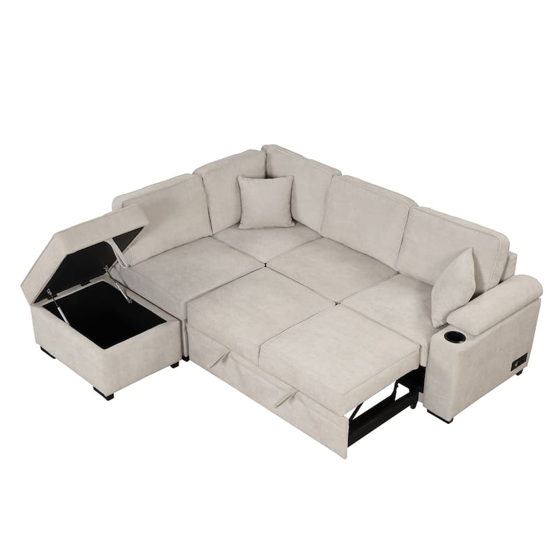 Beige 84.75'' L-Shaped 5 Seater Sectional Sleeper Sofa Bed with Storage Ottoman and Pull-Out Bed, Perfect for Living Room
