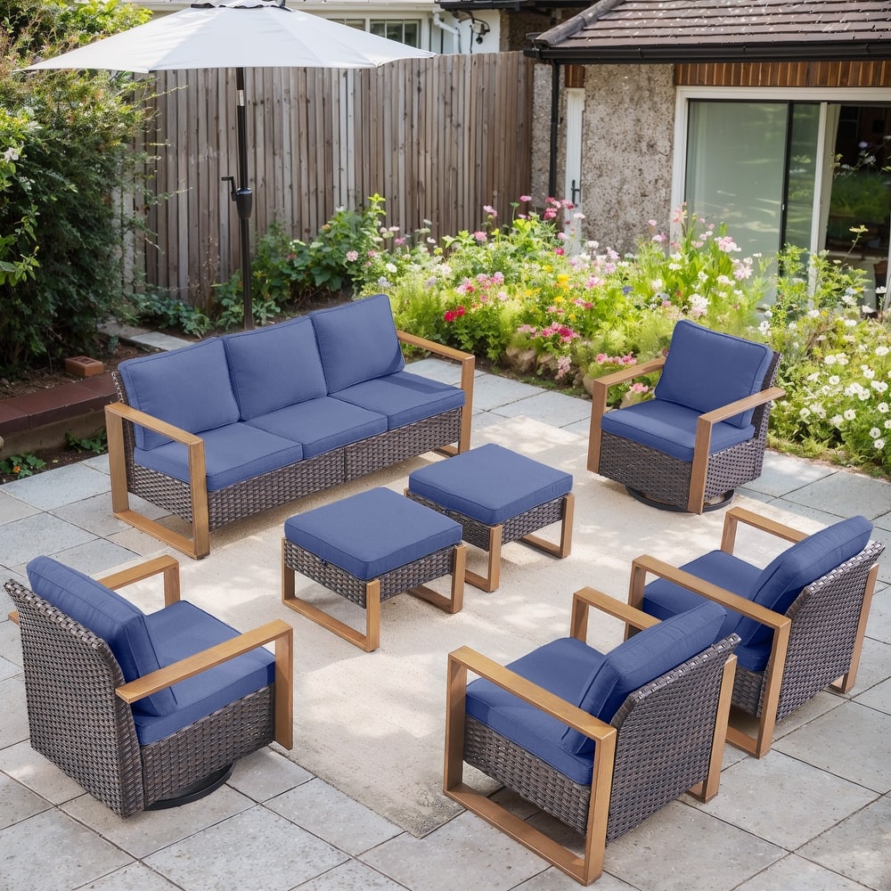 Gymojoy 7 Pieces Patio Sofa with Rattan Swivel Rocking Chair Ottomans Outdoor Conversation Set