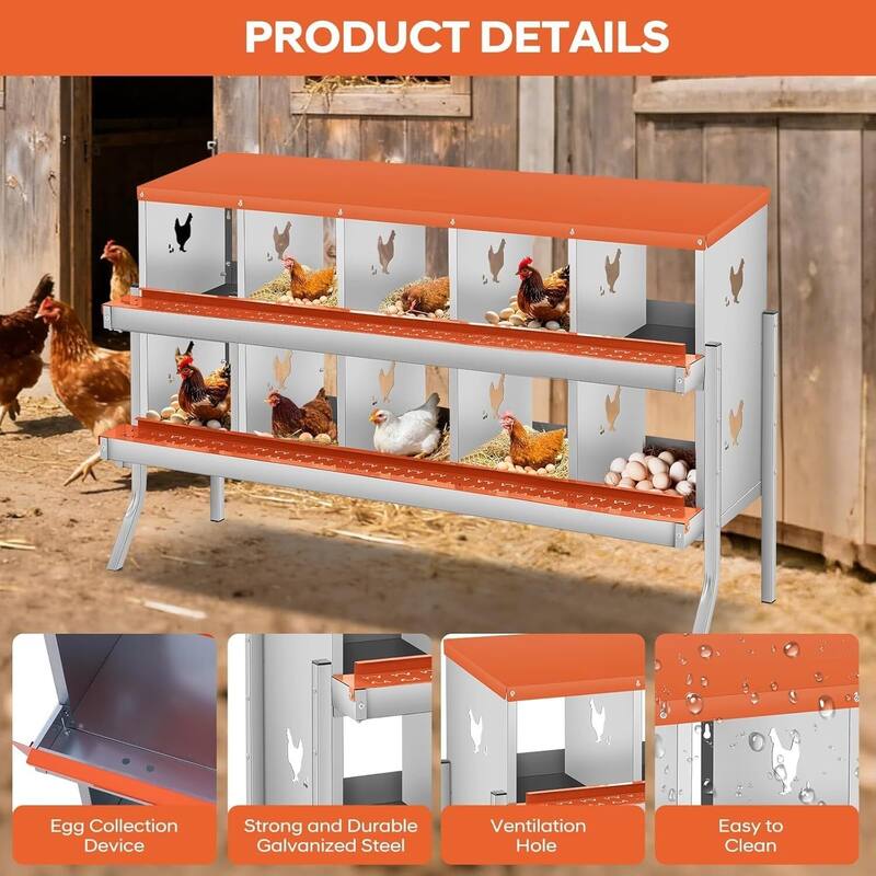 10 Compartment Nesting Box, Chicken Laying Box, with Bracket Legs, Easy to Clean and Install