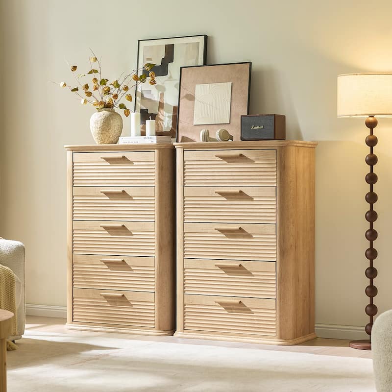 5 Drawers Dresser for Bedroom, 45" Tall Dresser with Curved Profile Design, Wood Fluted Chest of Drawers