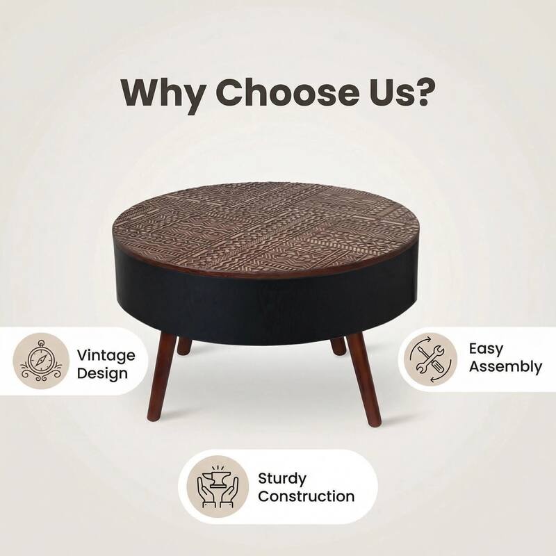 GDFStudio Veyrion Carved Round Coffee Table with Storage and Mid-Century Modern Design