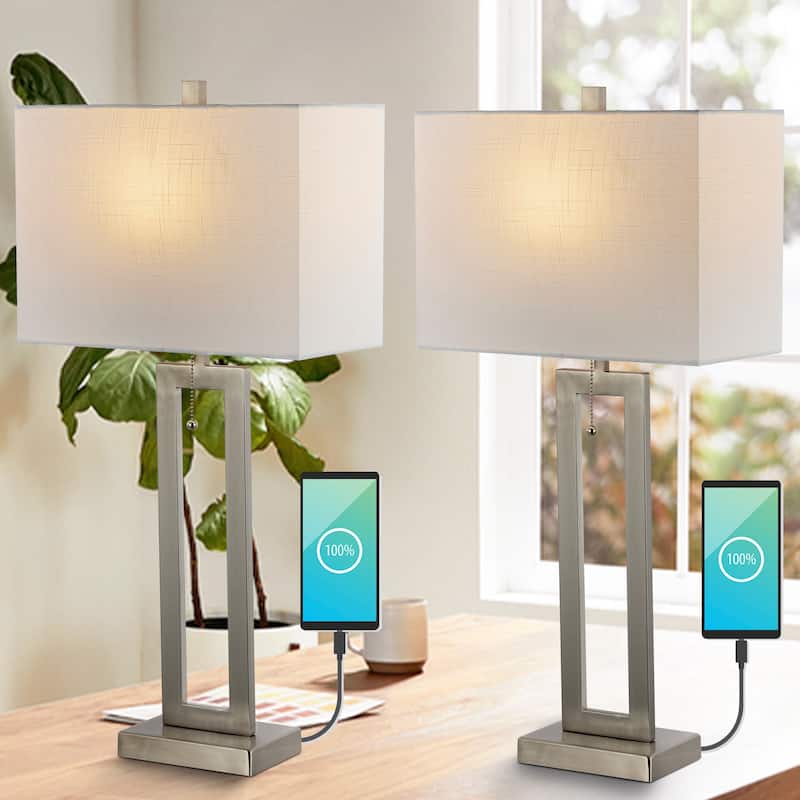 Lucie 28.5" Vintage Industrial Iron LED Table Lamp with Pull-Chain and USB Charging Port, (Set of 2) by JONATHAN Y