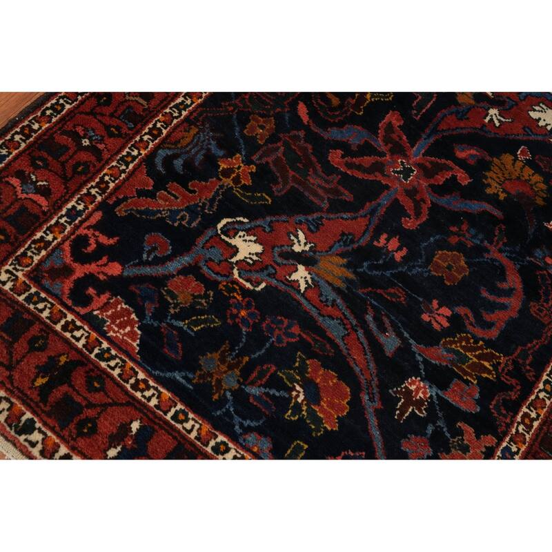 Hand Knotted Oriental 100% Wool Carpet Traditional Floral Navy Blue & Blues Bakhtiari Runner Rug - 13' 1'' X 3' 3''