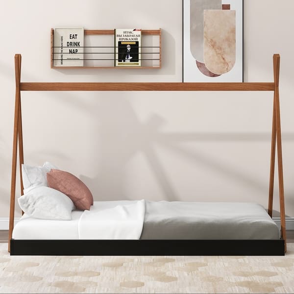slide 2 of 10, Twin Size Tent Floor Bed with Triangle Structure and Safety Railings, Black+Brown