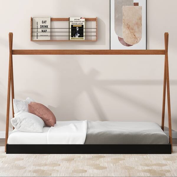 slide 2 of 27, Wooden Tent Shaped Floor Bed with Triangle Structure Black+Espresso - Twin