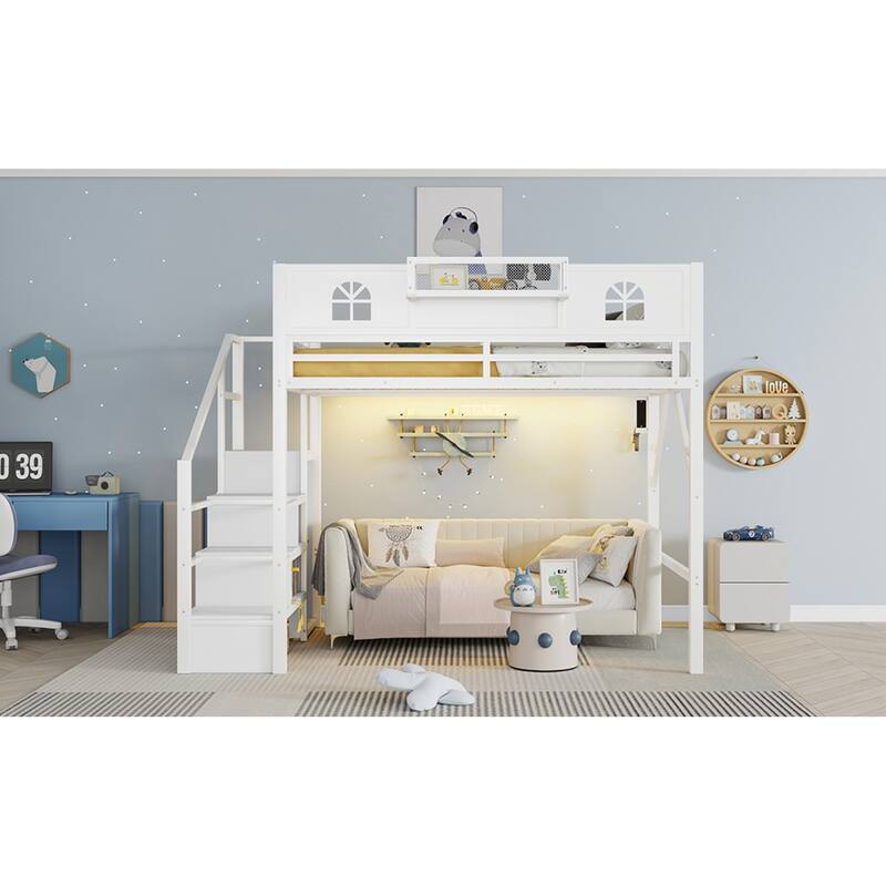 Roomfitters Full/Queen Metal Loft Platform Bed, Staircase Wardrobe and LED Charging Station with House Guardrails for Bedrooms