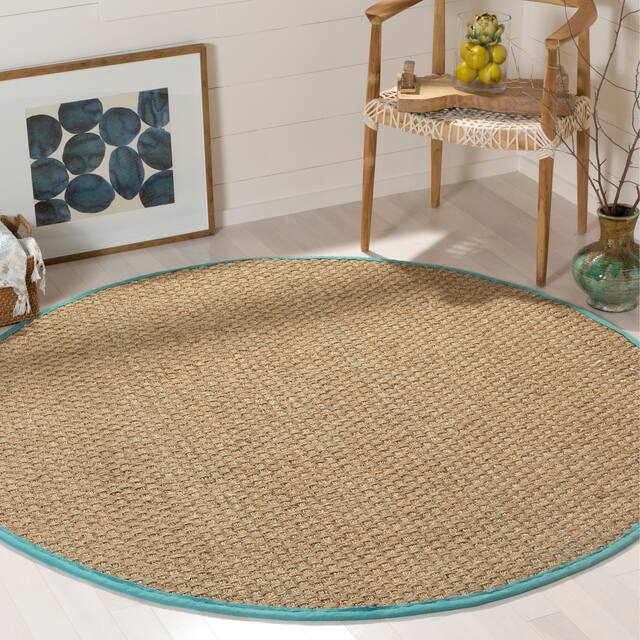 SAFAVIEH Natural Fiber Marina Basketweave Seagrass Rug - 6' x 6' Round - Natural/Teal