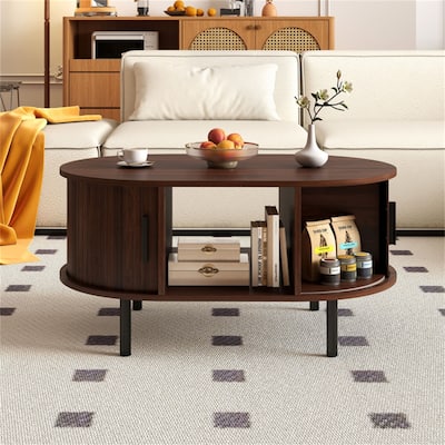 Walnut Wooden Oval Coffee Table with Sliding Tambour Doors Storage Compartment and Shelf - 35.5" x 22" x 17.5"