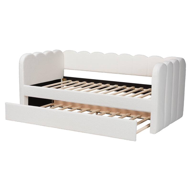 Palmer Cream Teddy-Bear Fabric Daybed with Rolling Trundle - Scalloped Edge Daybed with Plush Upholstery, Modern Sofa Bed