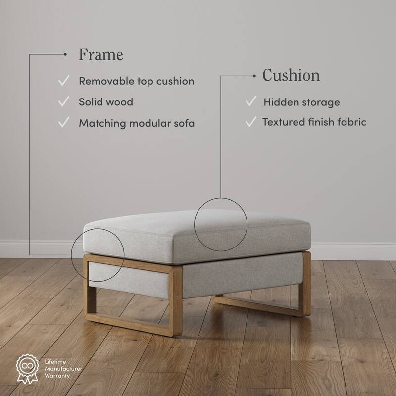 Madison Modern Ottoman Coffee Table with Storage, Upholstered Ottoman with Solid Wood Legs