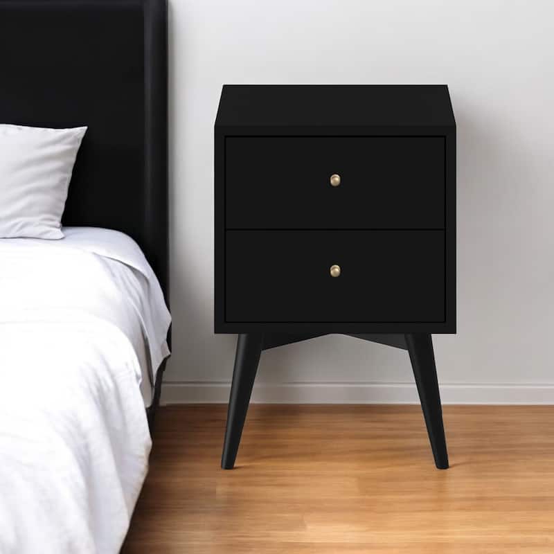 Black Solid Wood 2-Drawer Square Nightstand with Metal Accents and Legs