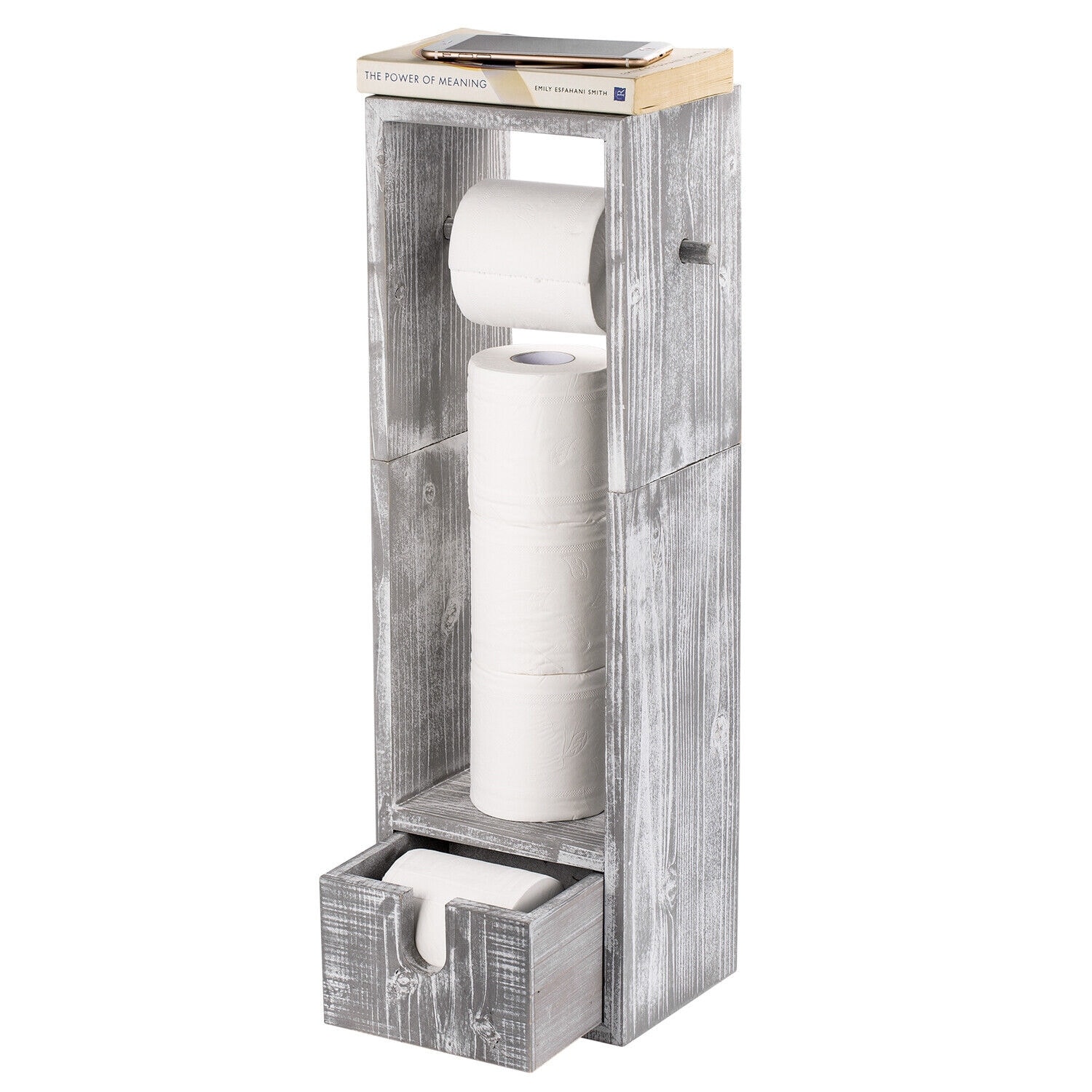 BWE Round Free Standing Toilet Paper Holder with Top Storage Shelf in Brushed Nickel