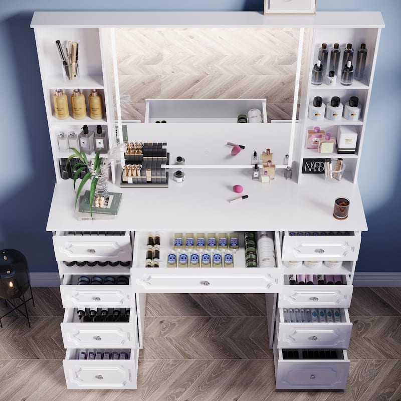 White/ Black Makeup Vanity with Lighted Mirror,Extra Large Vanity Desk with 9 Drawers,European Style Vanities