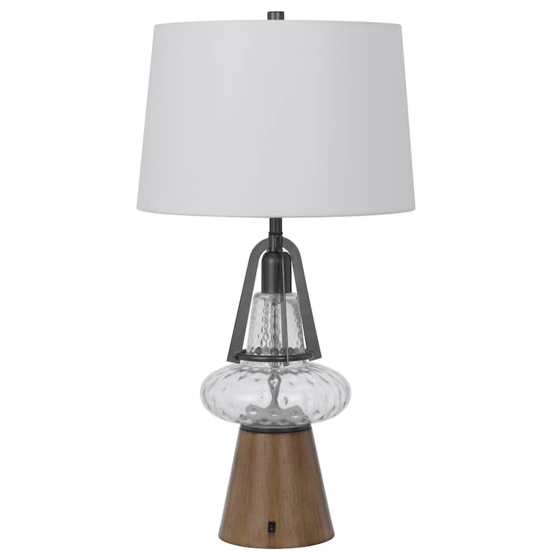 Leya 30 Inch Table Lamp, Lantern Style Glass Base, White Fabric Shade