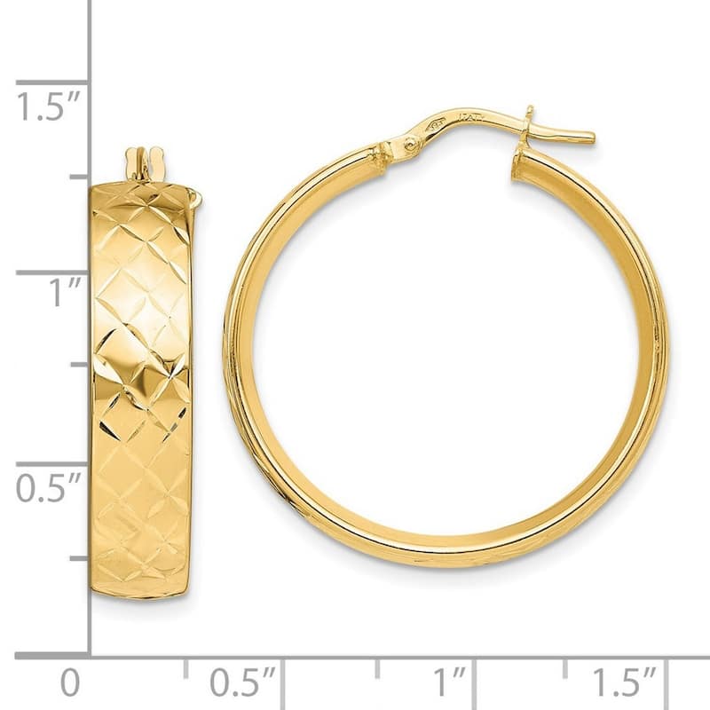Curata 14k Yellow Gold 28x6.75mm Diamond-Cut Criss-Cross Round Hoop Earrings