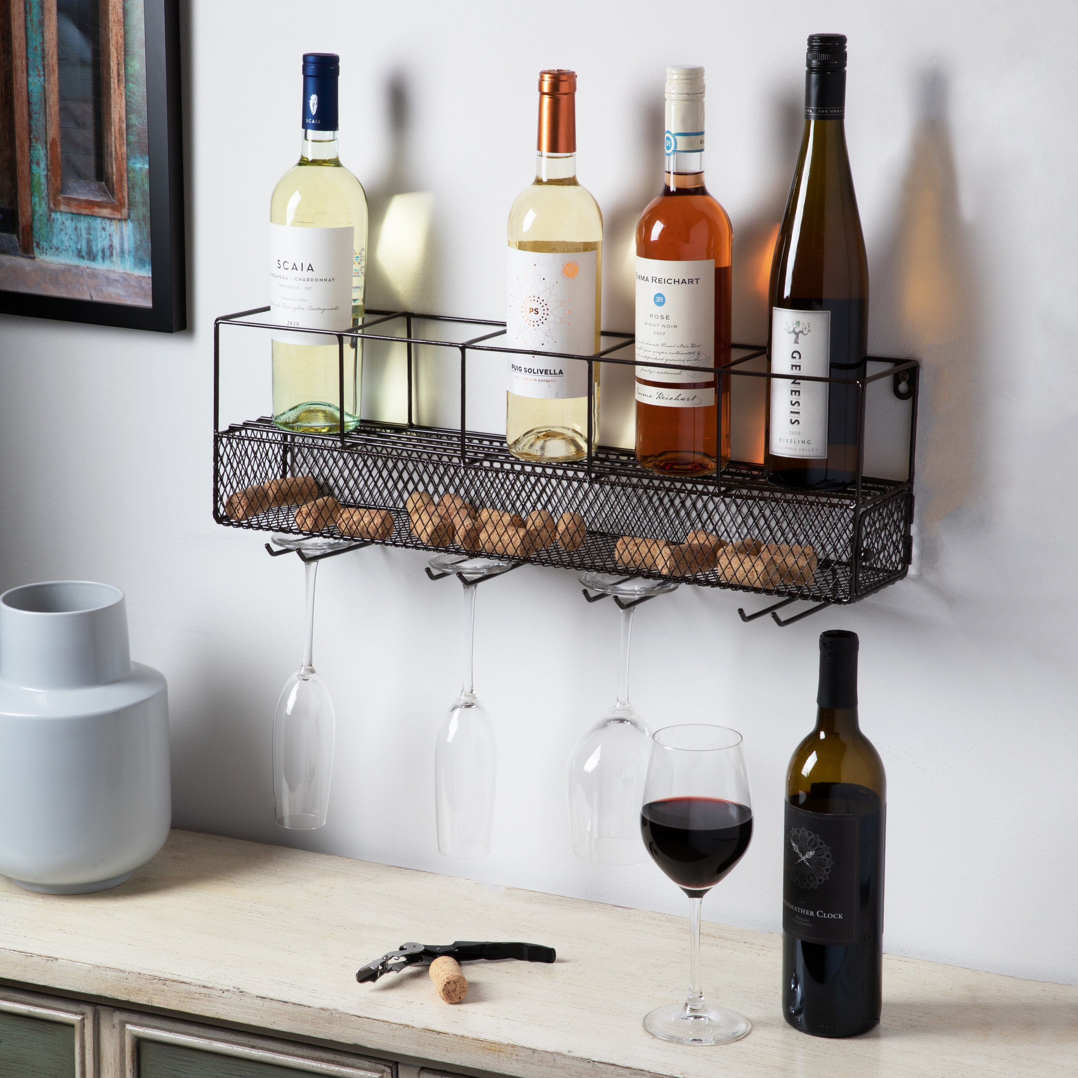 True Wall Mounted Wire Wine Rack with Cork Cage Stemware Holder Holds 5 Bottles 4 Wine Glasses On Sale Bed Bath Beyond 36116304