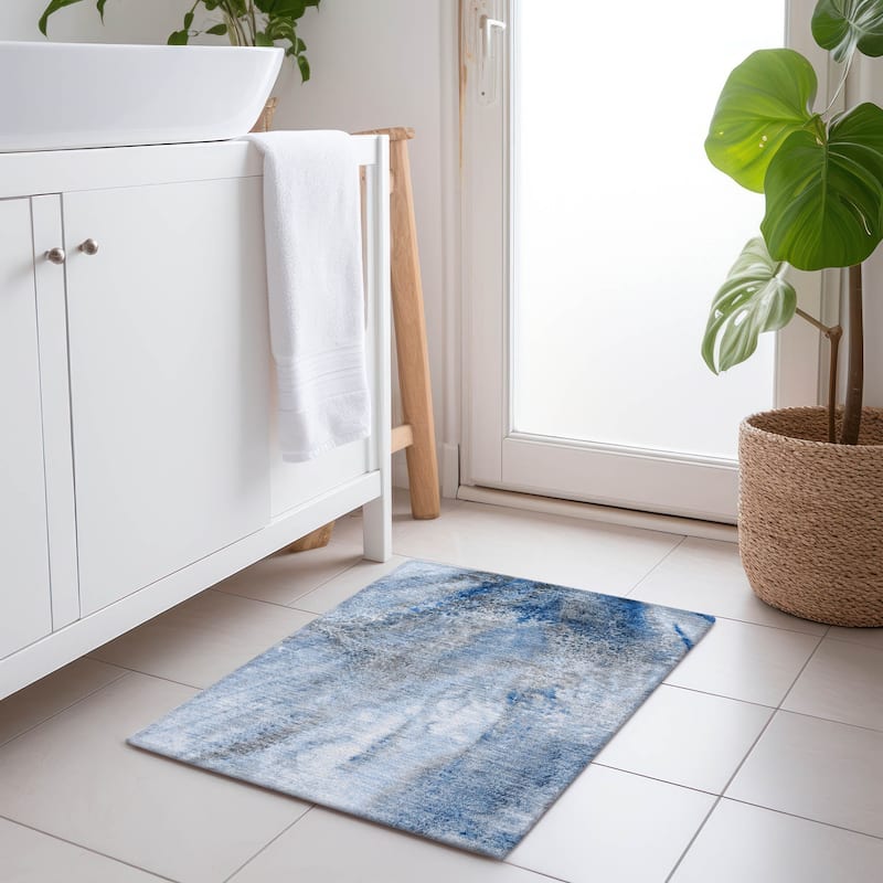 Machine Washable Indoor/ Outdoor Abstract Watercolor Chantille Rug - Navy - 1'8" x 2'6"