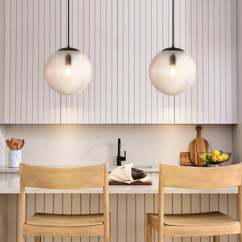1-Light Modern Indoor Matte Black Finish Kitchen Island Pendant Lights with Globe Diamond Textured Grey/Clear Glass Shade