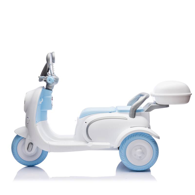 12V Ride-On Two-Seater Motorcycle for Kids, Three-Wheel Design, USB, Bluetooth, Adult Seat Flip, and Storage for Ages 3-6.