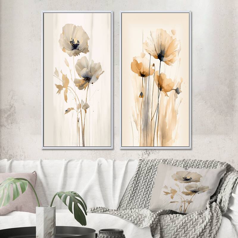 Designart "Vibrant Poppies" Floral Framed Wall Art Set Of 2 - White Wall Art Set Of 2 - 40 in. wide x 40 in. high - White