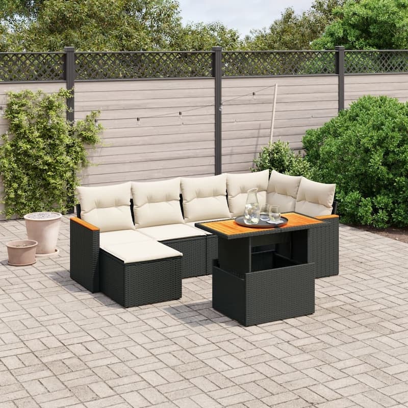vidaXL Patio Sofa Set with Cushions Stool and Sofas 7 Piece Poly Rattan Acacia - 21.7 x 39.4 x 28.7 in - Black and cream - form1