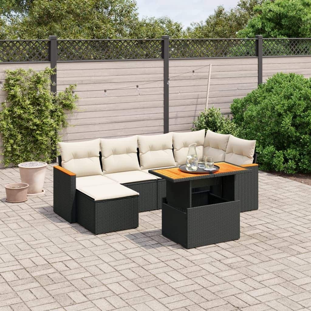 vidaXL Patio Sofa Set with Cushions Stool and Sofas 7 Piece Poly Rattan Acacia - 21.7 x 39.4 x 28.7 in