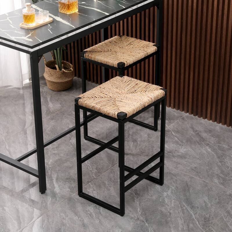 2pcs Water Hyacinth Woven Bar Stools for Kitchen Counter Backless Barstools with Footrest - N/A