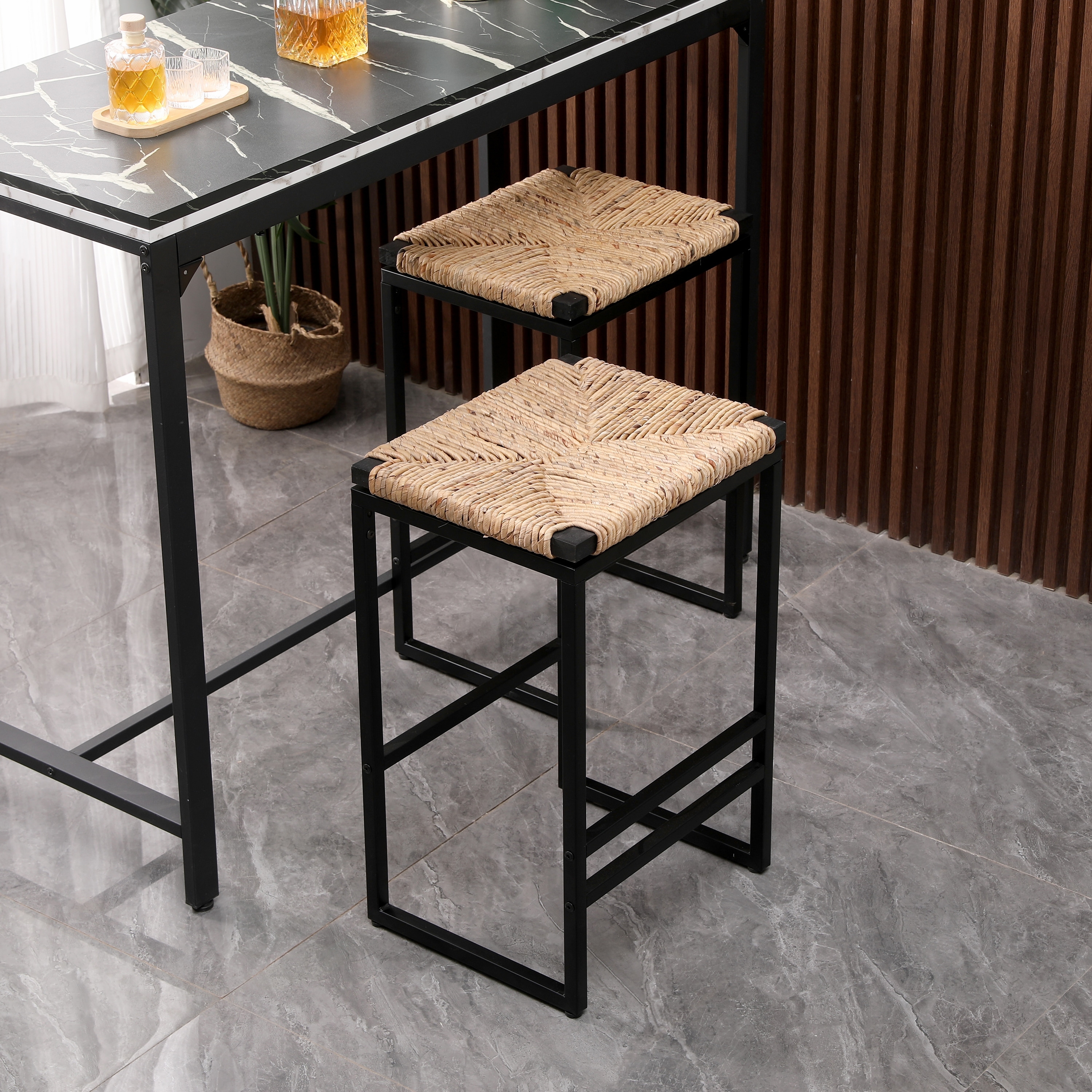 Boho Set of 2 Backless Bar Stools with Water Hyacinth Handwoven Rope Seat, Metal Frame & Footrest by GDFStudio