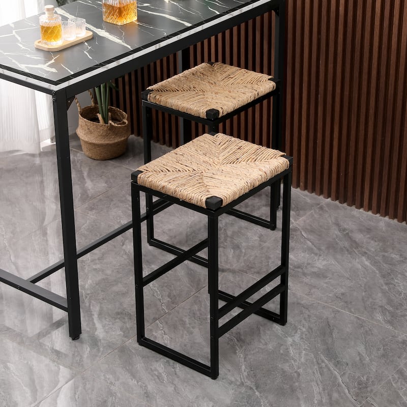 Set of 2 Modern Woven Counter Height Backless Bar Stools - Natural+Black-1