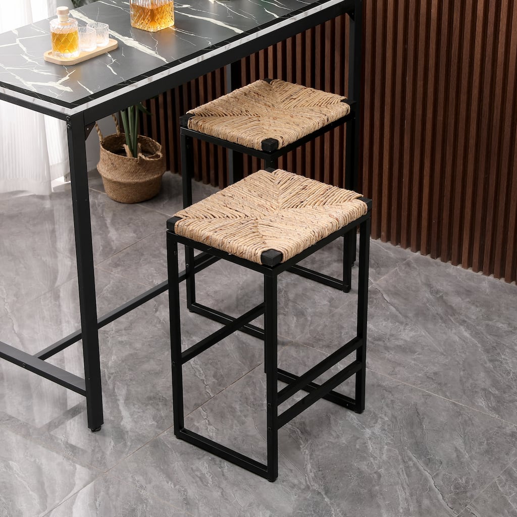 Set of 2 Water Hyacinth Woven Bar Stools for Kitchen Counter Water Hyacinth Grass Backless Barstools with Footrest