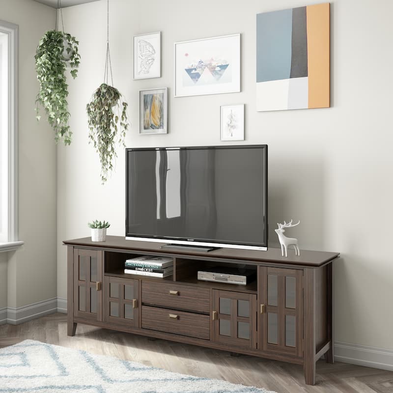 WYNDENHALL Stratford SOLID WOOD 72" Wide TV Media Stand For TVs up to 80" - Farmhouse Brown