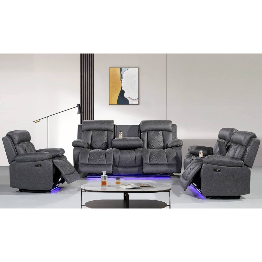 3PC Soft Microfiber Power Reclining Chair, LED Light, Bluetooth Speaker, Type-C and USB Charger, Recliner