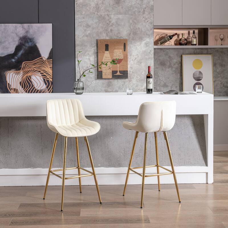 2 Bar Stools with Chrome Footrest Velvet Fabric Counter Stool Golden Leg Simple High Bar Stool - N/A