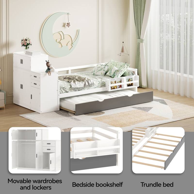 Multifunctional Twin Size Wood Platform Bed with Bookshelf, Wardrobe, and Trundle, White