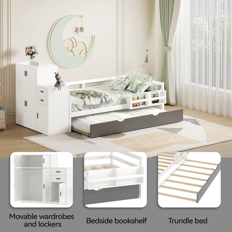 Bedside Bookshelf Wood Platform Bed, Panel Bed Frame, End of bed with Movable Wardrobe and Lockers, All-in-one Storage Bed