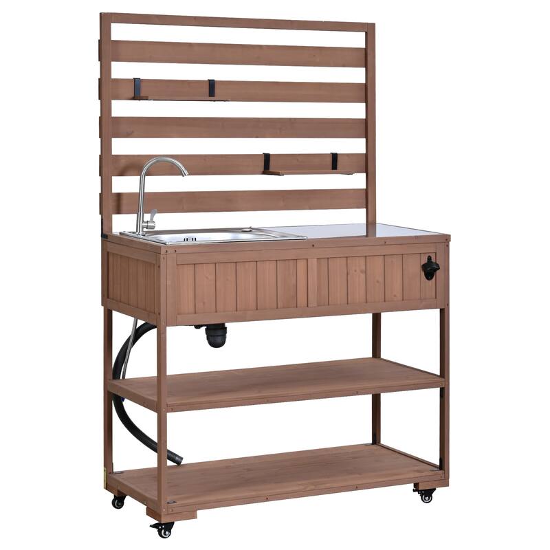 41.7'' Rolling Outdoor Kitchen Island, Solid Wood Kitchen Cart with Sink and Stainless Table Top - Brown