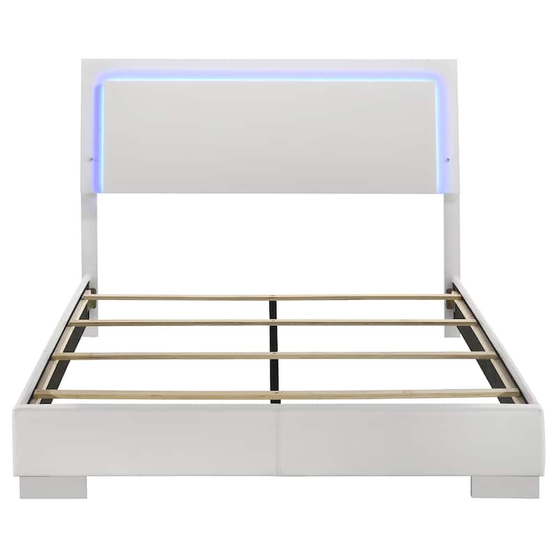 Queen Size Wood Panel Bed with LED Lighting and Slatted Design