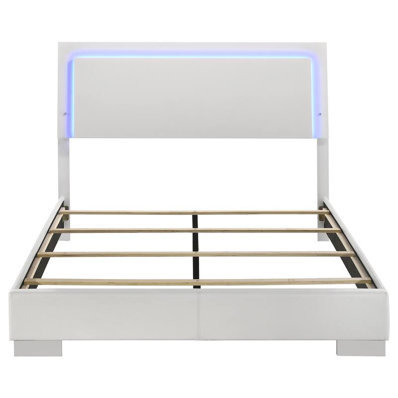 White High Gloss Wood Queen LED Panel Bed with Modern Design and Energy-Efficient Lighting