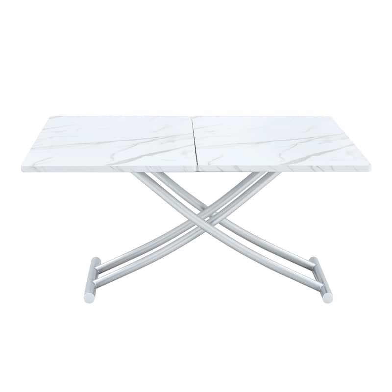 Roomfitters Lift Top Table with 0.8" MDF Surface and Silver Metal Legs, Modern Desk for Dining or Work Use, White+Silver