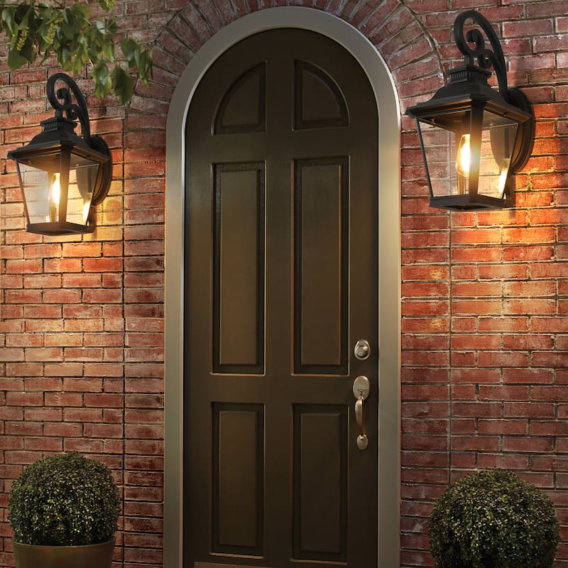 14" Outdoor Wall Lanterns 2-Pack, Black Waterproof Wall Sconce with Clear Glass Panels, Vintage Exterior Light