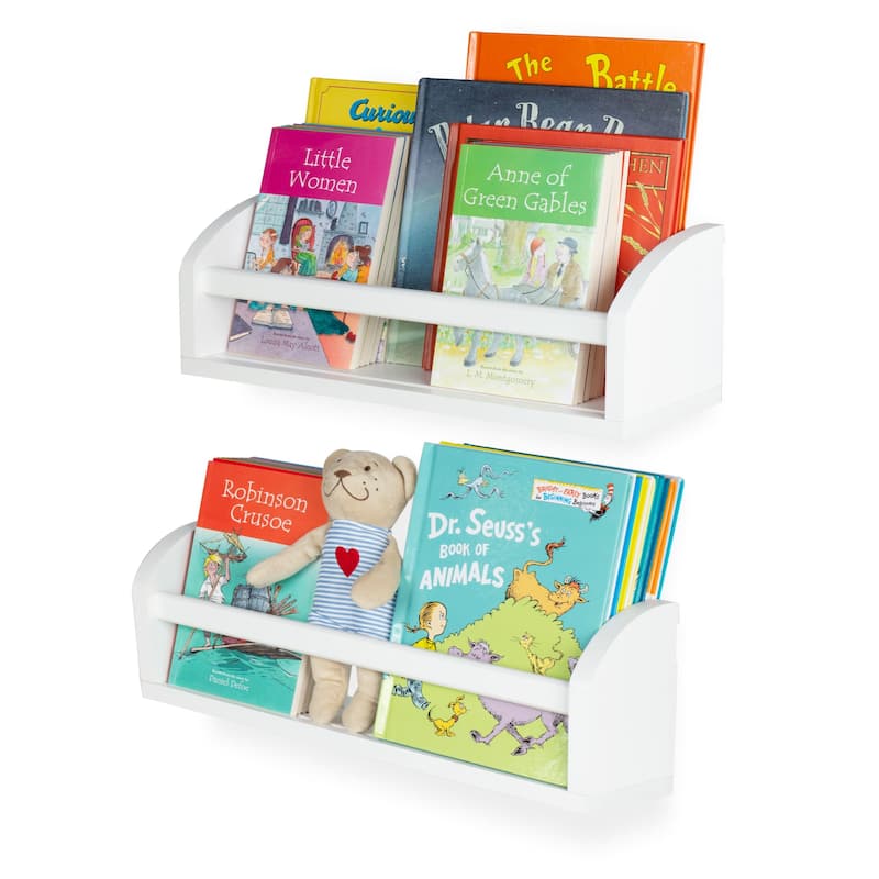 Wallniture Lissa Wood Bookshelf White Floating Shelves Toy Storage Kids Room Decor (Set of 2)