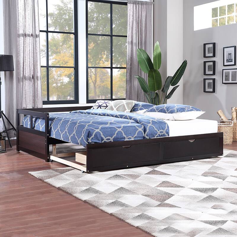 Wooden Daybed with Trundle Bed and Two Storage Drawers , Extendable Bed Daybed