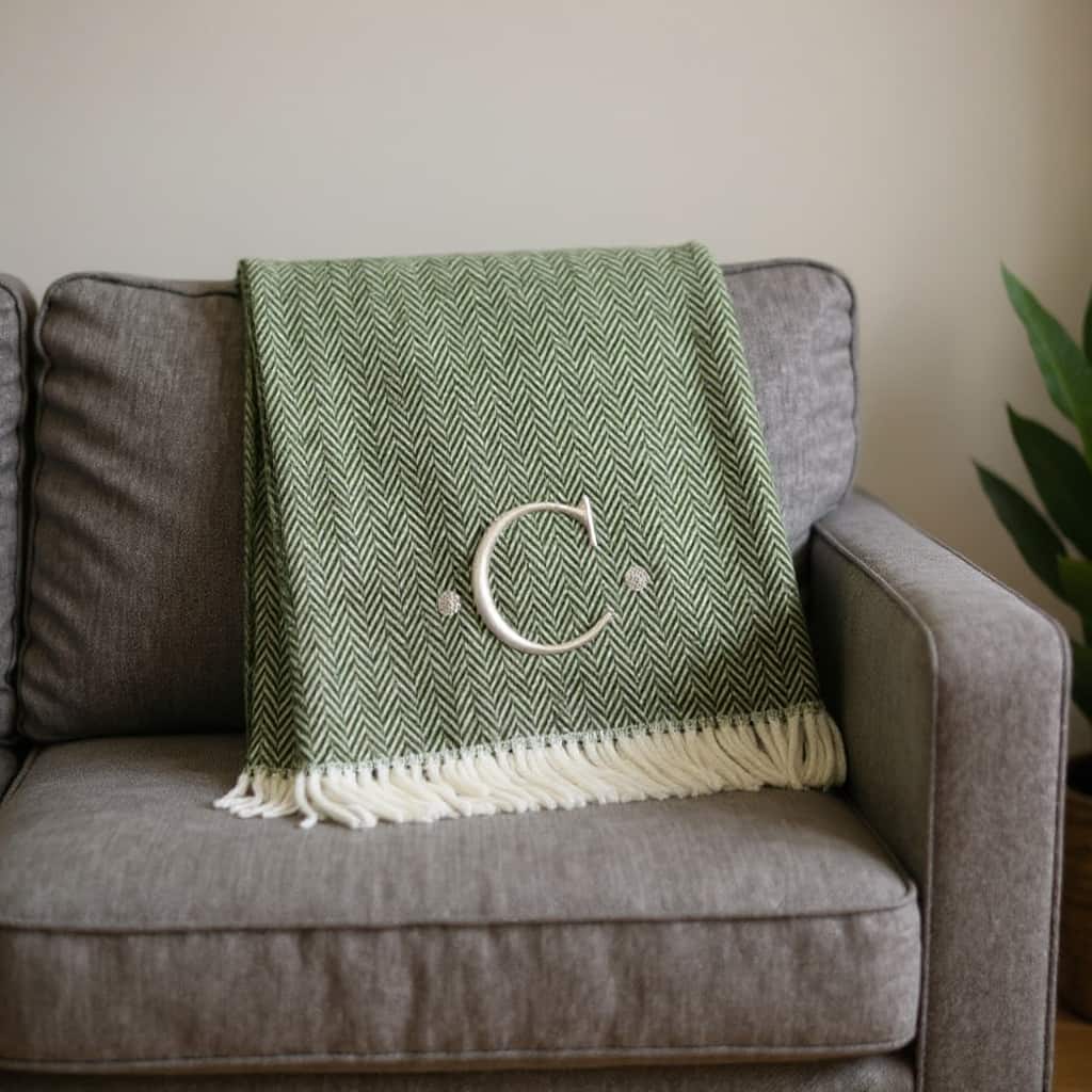 HomeRoots 55" X 70" Moss Green And White Herringbone Cotton Blend C Initial Throw Blanket with Tassels And Embroidery