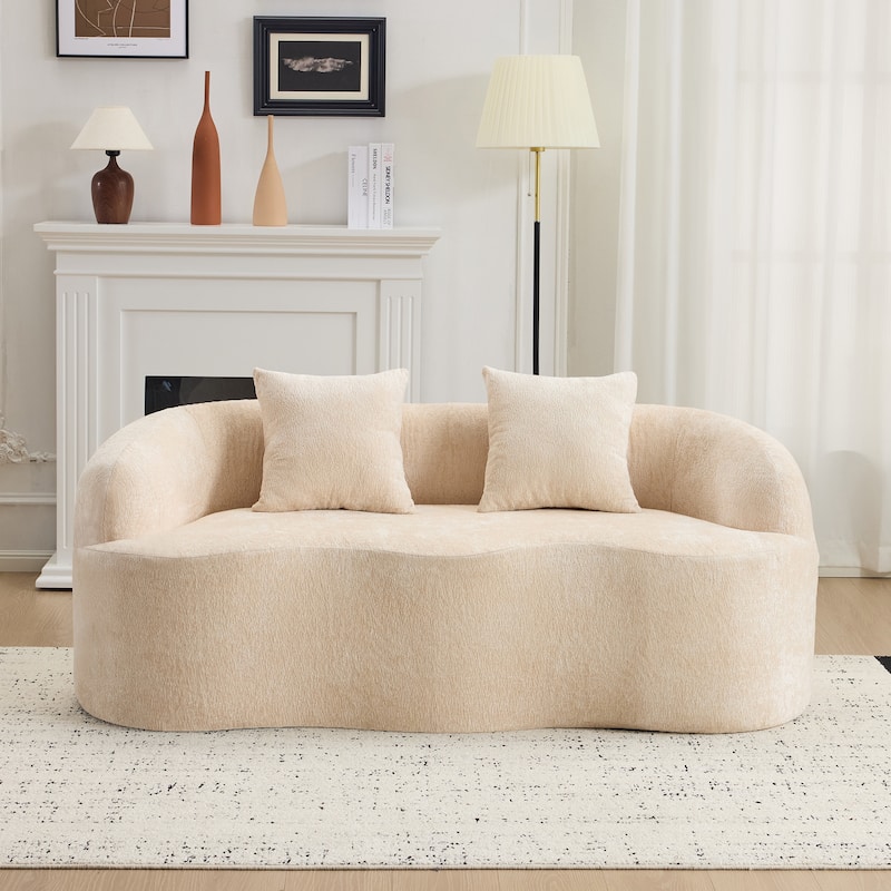Beige Curved Loveseat Sofa With Round Armrest, Compression Couch With 2 Pillows, Cream Couch For Small Space
