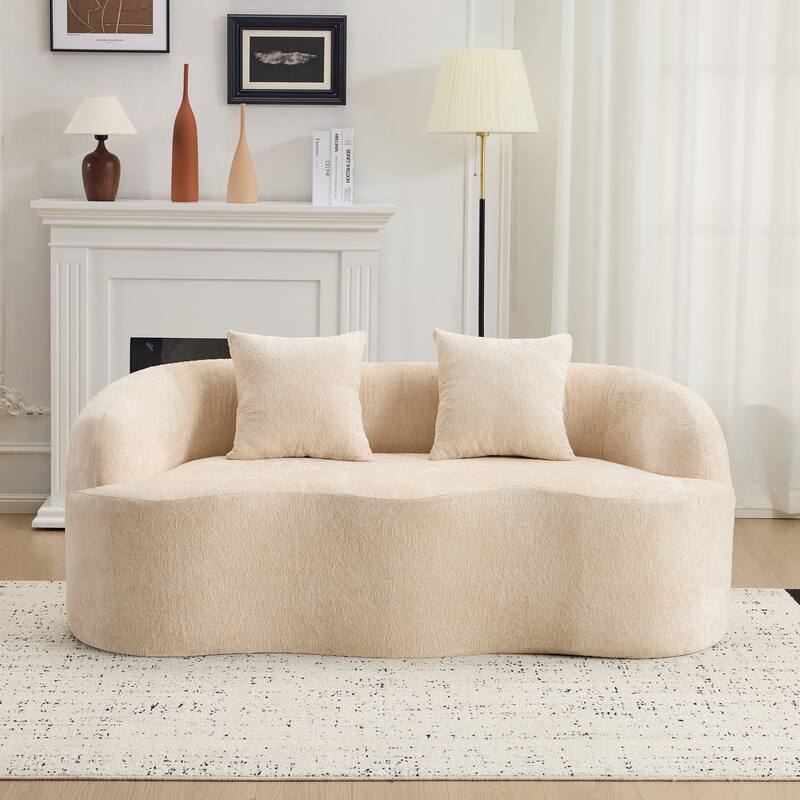 Chenille Curved Lounge Couch Wave-shape Loveseat Sofa High-Density Foam Compression Couch with 2 Pillows and Round Armrest