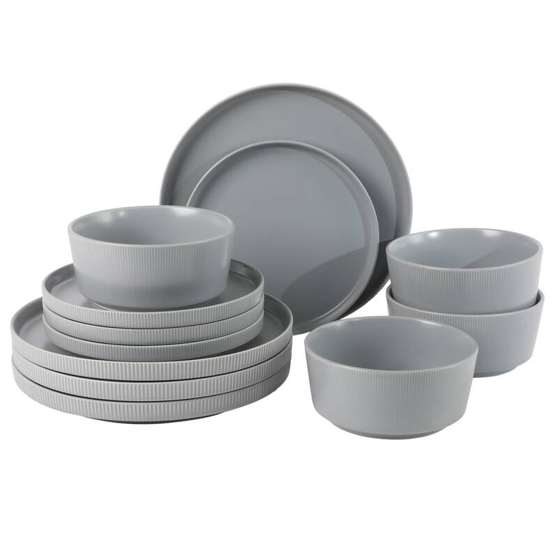 Gibson Home Dempsey Road 12-Piece Durable Modern Embossed Stoneware Dinnerware Set - Service for 4 - Matte Grey
