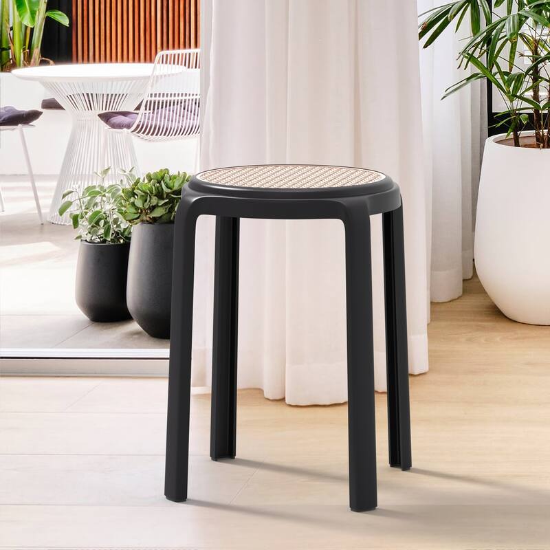 Round Plastic Dining Stool with Wicker Top Tresse Series by LeisureMod - 17.7" H x 13.4" W x 13.4" D