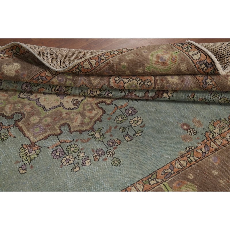 Aqua Blue Tabriz Persian Area Rug Hand-Knotted Wool Carpet - 6'9"x 9'6"