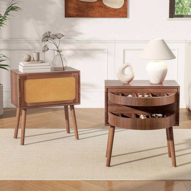 Mid-Century Modern Rattan Nightstand with Rotating Hidden Compartment and Wood Legs
