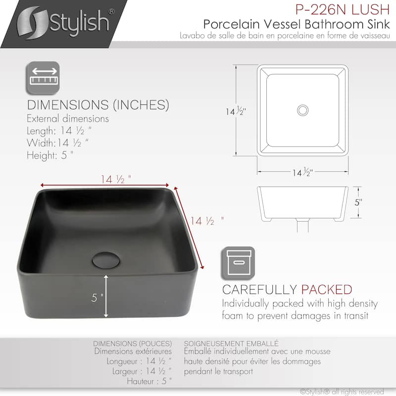 STYLISH 14 1/2 inch Square Porcelain Bathroom Sink - 14 1/2" x 14 1/2" x 5"